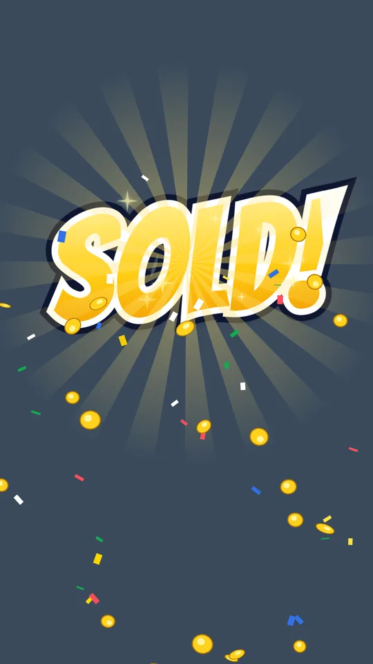 The word SOLD in gold lettering with coins and confetti over a live stream